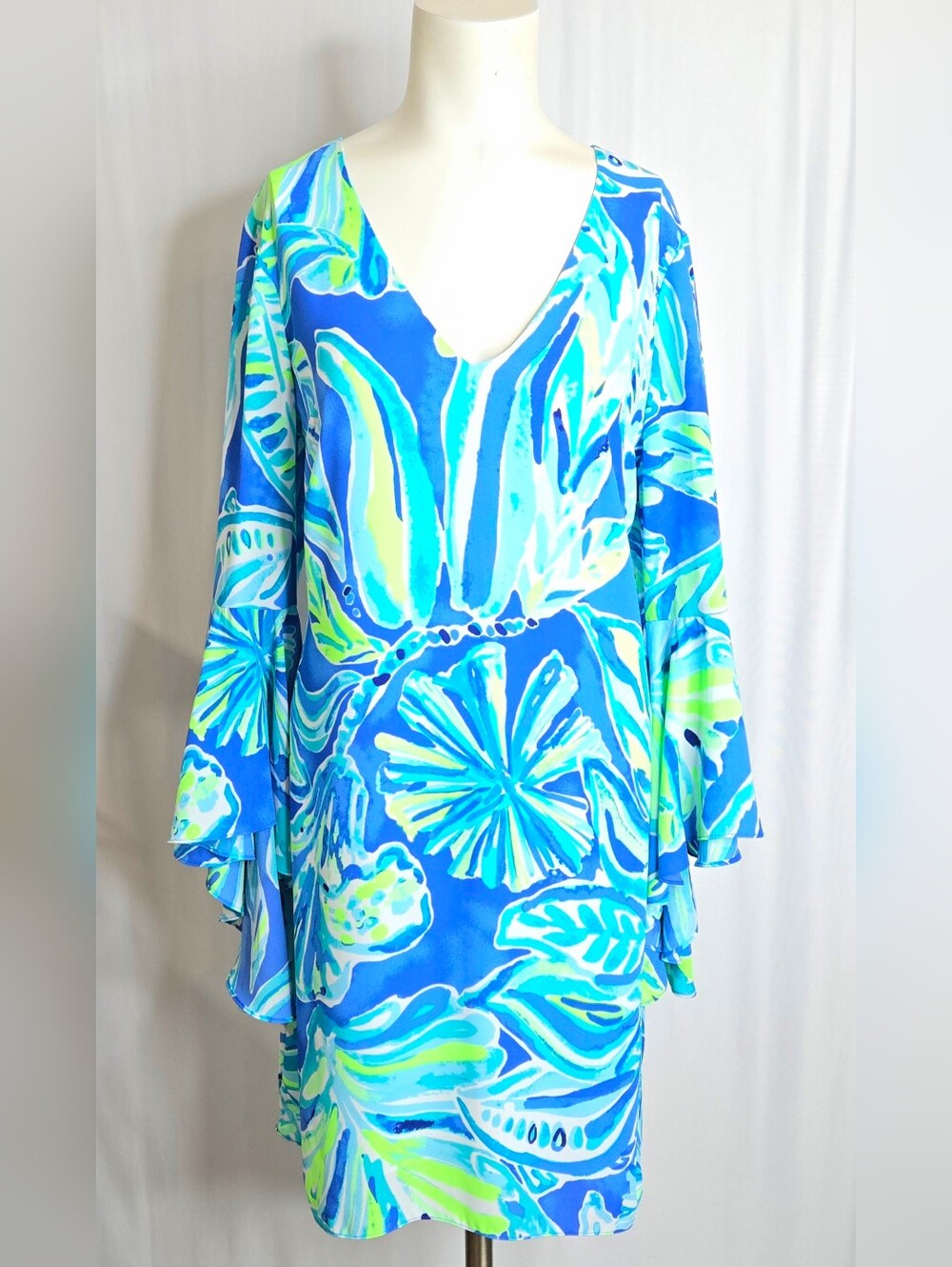 Lilly Pulitzer Blue Tropical Print Resort‎ Dress | Bell Flounce Sleeves | NWOT 8